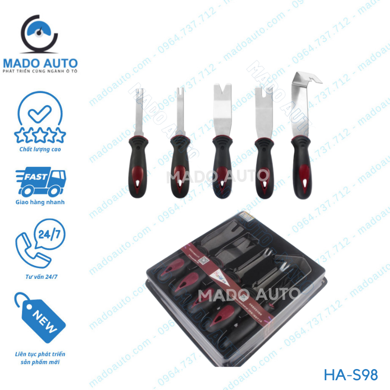 Bộ 5 dụng cụ làm nội thất ô tô HAMEI chính hãng Inox không gỉ mạ đẹp có tay cầm nhựa MADO HA-S98
